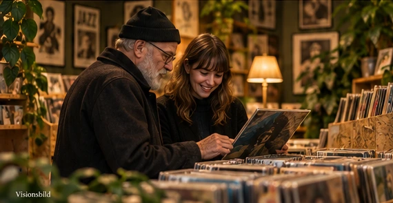 Visionsbild: två musikintresserade bläddrar bland vinyl i en varm butik.