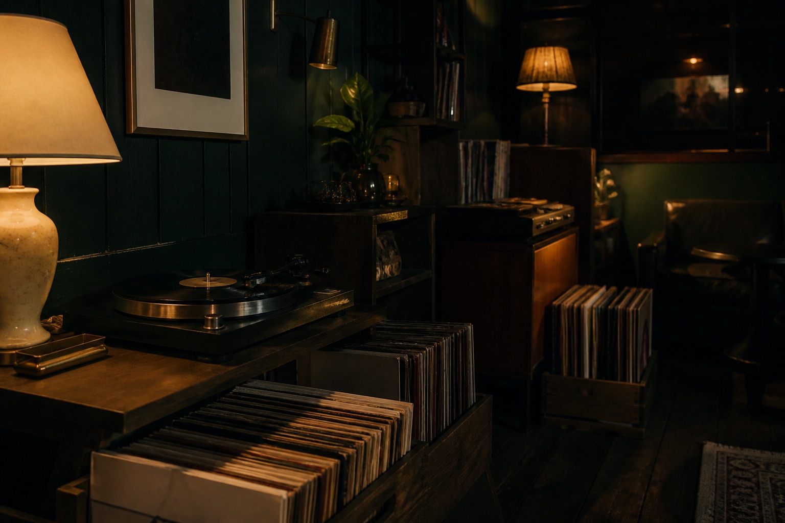 Visionsbild av en varm lyssningshörna med skivspelare och vinylbackar